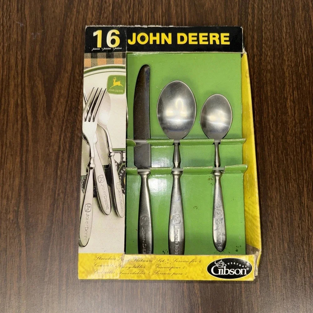 Gibson John Deere Engraved Stainless Flatware Set 16 pieces NOS-open box damaged